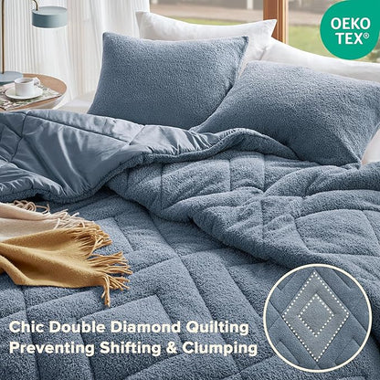 Comfort Spaces Queen Comforter Set Reversible Feather-Soft Plush Comforters for Queen Size Bed All Season Lightweight Shearling Fleece Sherpa Comforter Queen Size Bed Set, Full/Queen, Blue 3 Piece