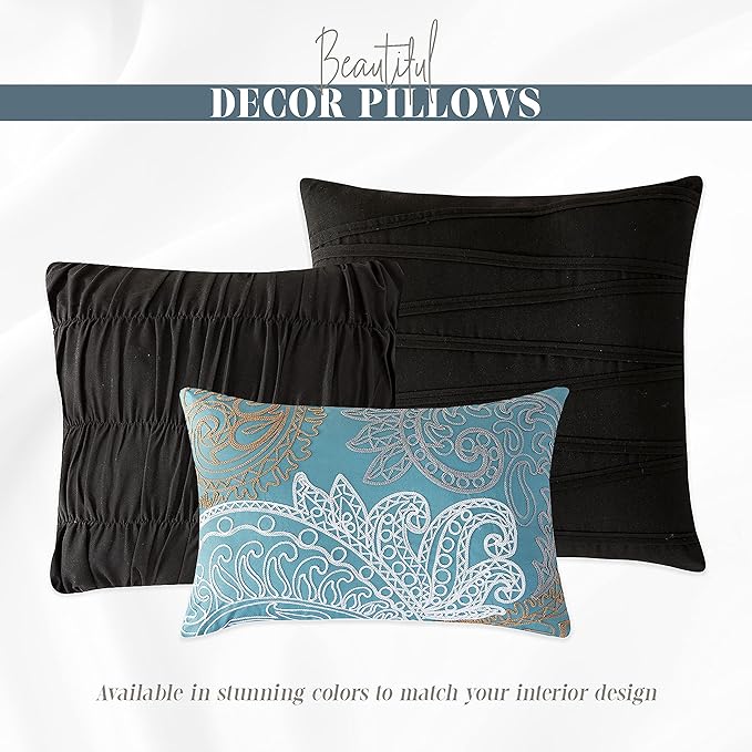 Elegant Comfort 12-Piece Bed-in-a-Bag, Ella Pleated Ruched Pintuck Comforter Set, 6-Piece Sheet Set Featuring Smart Pockets, Matching Decorative Pillows, All Season Bedding, Full, Black