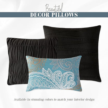 Elegant Comfort 12-Piece Bed-in-a-Bag, Ella Pleated Ruched Pintuck Comforter Set, 6-Piece Sheet Set Featuring Smart Pockets, Matching Decorative Pillows, All Season Bedding, Full, Black