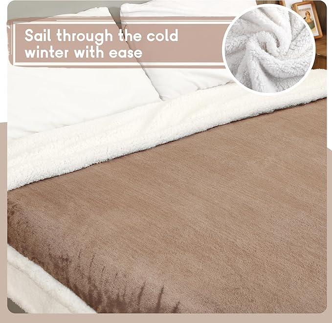 Heated Blanket Electric Throw Size 50''x60'' with 9 Heating Levels, 1-10 Hour Auto Shut Off, Machine Washable, Flannel & Sherpa Double-Sided Soft Warming Blanket for Couch, Bed, Office - Brown
