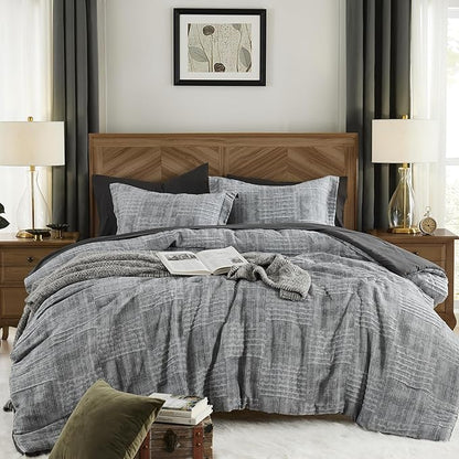 MaiRêve Charcoal Grey Full Comforter Set, Textured Design Grey Crinkle Bed in A Bag Full Size, Full Comforter Set with 7 Pieces with Comforter, Sheets, Pillowcases & Shams 80"x 90"