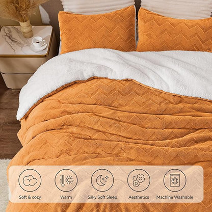 BEDELITE Fluffy King Size Comforter Set - Super Soft Sherpa Burnt Orange Comforter for King Size Bed, Luxury Warm Bedding Set for Winter, Fuzzy Bed Set 3 Pieces (1 Comforter, 2 Pillowcases)