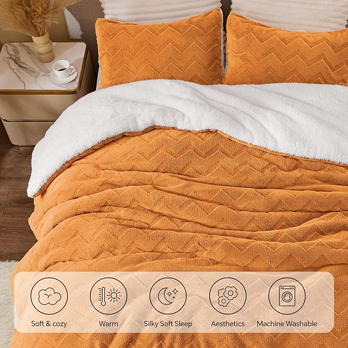 BEDELITE Fluffy Twin Comforter Set - Super Soft Sherpa Burnt Orange Comforter for Twin Size Bed, Luxury Warm Bedding Set for Winter, Fuzzy Bed Set 2 Piece (1 Comforter, 1 Pillowcase)