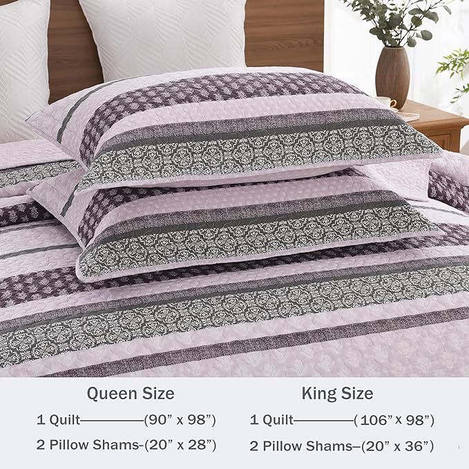 Homzard Quilts Queen Size, Cotton Comforter Set, Purple and Grey Queen Bed Set,Lightweight Striped Bedding, Farmhouse Bedspread All Season 3 Pieces