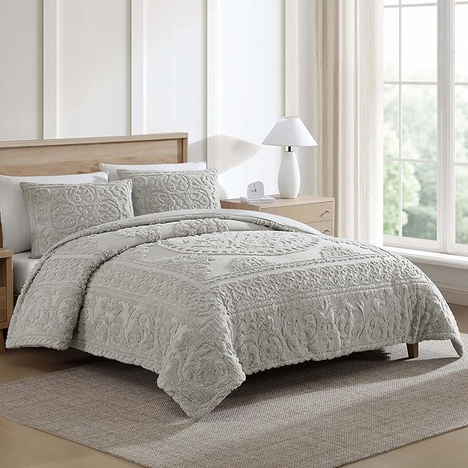 Beatrice Home Fashions Medallion Tufted Chenille Comforter 3-Piece Set, Cotton, All Season Cozy Bedding, King, Gray