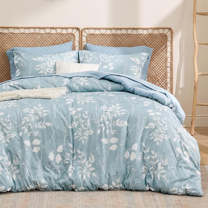 Bedsure Sky Blue King Comforter Set - 7 Pieces Floral Bedding Sets, King Bed in a Bag with Reversible Botanical Flowers Comforter, Sheets, Pillowcases & Shams