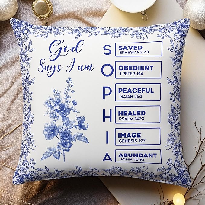 Macorner Personalized Pillow, God Says I Am Name Letter in Bible Toile De Jouy Style