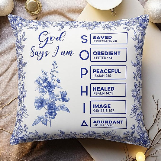 Macorner Personalized Pillow, God Says I Am Name Letter in Bible Toile De Jouy Style