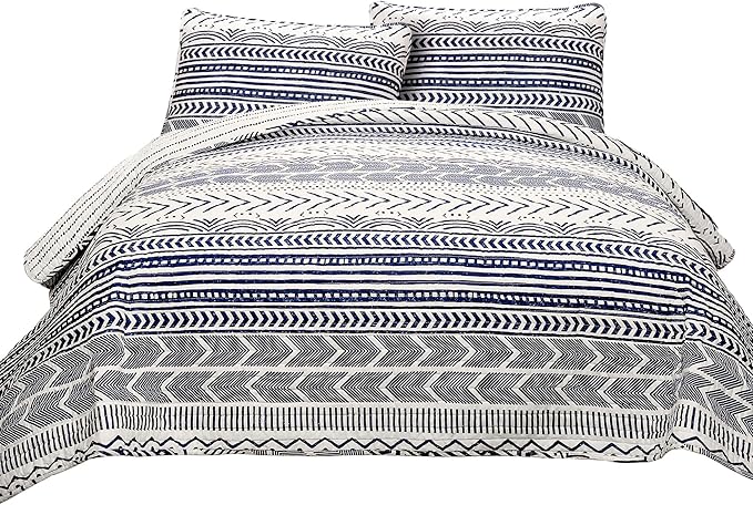 Lush Decor Hygge Geo Pattern Striped 3 Piece Quilt Bedding Set, King, Navy & White