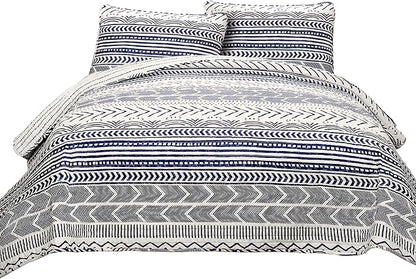 Lush Decor Hygge Geo Pattern Striped 3 Piece Quilt Bedding Set, King, Navy & White