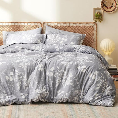 Bedsure Queen Comforter Set - 7 Pieces Floral Grey Soft Bedding Sets, Queen Bed in a Bag with Botanical Flowers Comforter, Sheets, Pillowcases & Shams