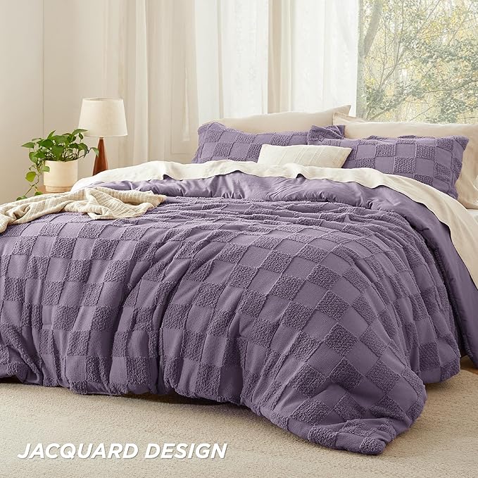 Bedsure Queen Size Comforter Set Grayish Purple, Boho Tufted Bed Set, Checkered Farmhouse Shabby Chic Bedding, 3 Pieces, 1 Plaid Geometric Comforter and 2 Pillow Shams