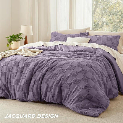 Bedsure Queen Size Comforter Set Grayish Purple, Boho Tufted Bed Set, Checkered Farmhouse Shabby Chic Bedding, 3 Pieces, 1 Plaid Geometric Comforter and 2 Pillow Shams