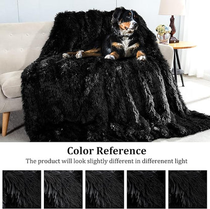 JONIYEAR Extra Large Decorative Fluffy Faux Fur Blanket Queen Size 80" x 90", Soft Luxury Lightweight Furry Blankets, Solid Cozy Shaggy Plush Thick Warm Fuzzy Blankets for Winter Bed Couch, Black