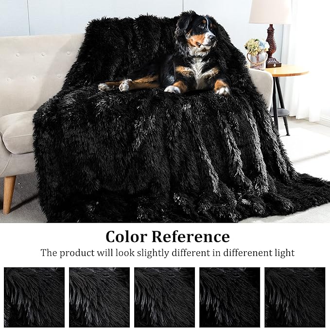 JONIYEAR Extra Large Decorative Fluffy Faux Fur Blanket Full Size for Bed 71" x 80", Soft Luxury Big Lightweight Furry Blankets, Accent Cozy Shaggy Plush Thick Fuzzy Warm Blanket for Winter, Black