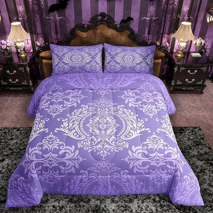 Feelyou Adults Purple Vintage Damask Floral Comforter Set Oriental Antique Comforter King Size Gothic Bohemia Boho Flower Bedding Set Bohemian Exotic Duvet Set Quilt Set 3Pcs