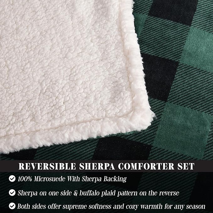 Elegant Comfort 3-Piece Buffalo Lodge-Plaid Comforter Set, Luxurious, Heavyweight, All Season, Down Alternative-Micromink Sherpa-Backing Reversible Micro-Suede, Soft and Plush, Queen, Green