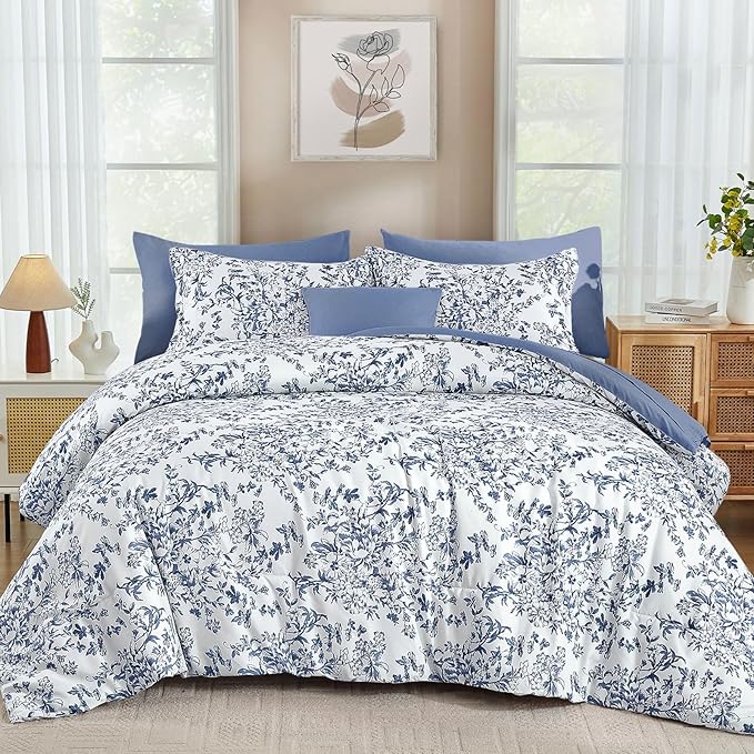 WONGS BEDDING Blue Floral Comforter Set Queen Size, 8 Pieces Flower Botanical Bed in a Bag Bedding Set, Soft Microfiber Comforter, Sheets, Pillowcases & Shams (90"x90")