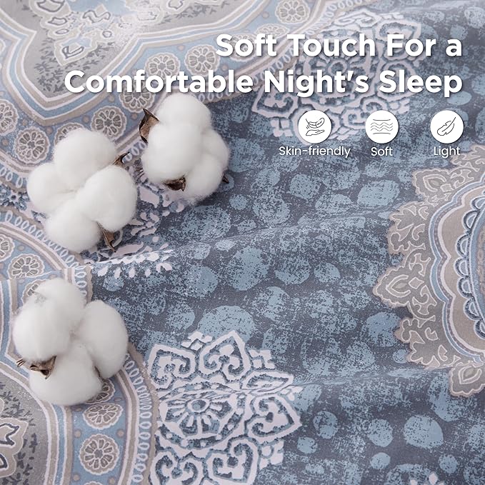 Sophia & William Foggy Blue Damask King Size Comforter Set, 3 Pcs Cotton Comforter Set with Printed Comforter & 2 Pillowcases, All Season Lightweight Bedding Set