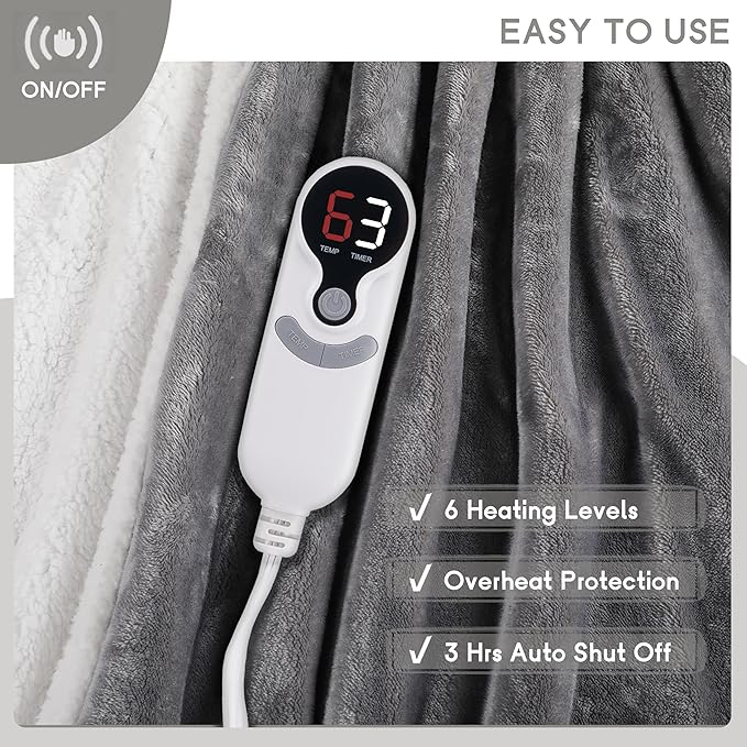 Heated Blanket Electric Throw Size 50''x60'' with 9 Heating Levels, 1-10 Hour Auto Shut Off, Machine Washable, Flannel & Sherpa Double-Sided Soft Warming Blanket for Couch, Bed, Office - Light Grey