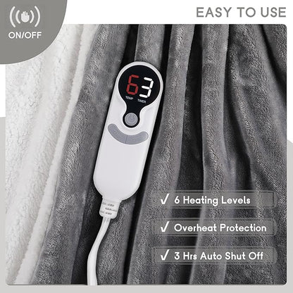 Heated Blanket Electric Throw Size 50''x60'' with 9 Heating Levels, 1-10 Hour Auto Shut Off, Machine Washable, Flannel & Sherpa Double-Sided Soft Warming Blanket for Couch, Bed, Office - Light Grey