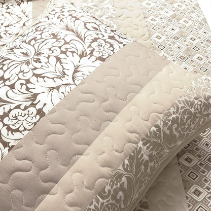 Lush Decor Boho Stripe Reversible Cotton Quilt 3-Piece Set, Full/ Queen, Neutral - Bold Colorful Bohemian Bedding Set