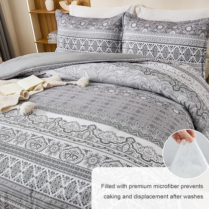 Goodidea Boho Comforter Set King Size 3 Piece Grey Bohemian Striped Comforter Soft Lightweight Microfiber Bedding Set with 2 Pillow Shams for All Season (King, 104"X90")