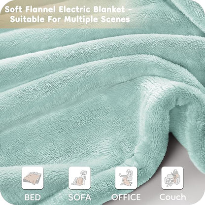 Electric Heated Blanket Queen Size 84"x90", with Dual Control Breathable & Luxurious Flannel, with 4 Heating Levels & 10 Hours Auto-Off, Fast Heating, Machine Washable, for Bedding-Light Green