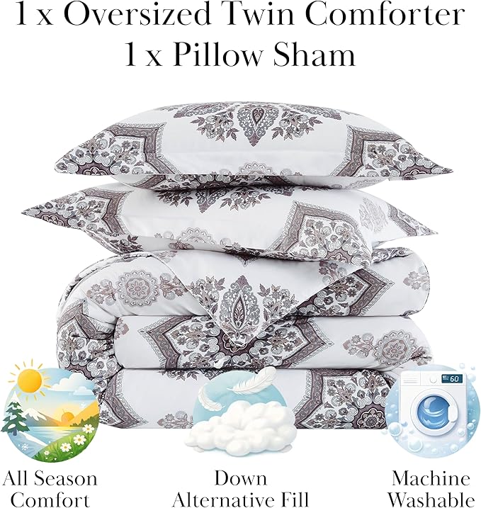 Southshore Fine Living, Inc. Oversized Twin XL Comforter Set, Down Alternative Boho Comforter, Paisley Floral Bedspread Coverlet Set, Twin/XL Bedding with Matching Pillow Sham, Grey on White