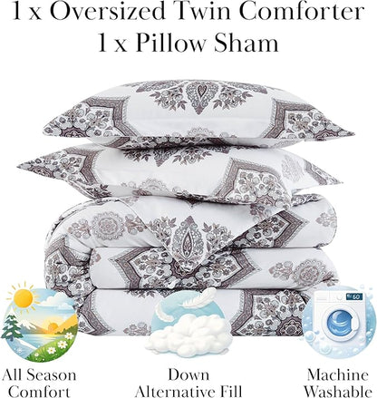 Southshore Fine Living, Inc. Oversized Twin XL Comforter Set, Down Alternative Boho Comforter, Paisley Floral Bedspread Coverlet Set, Twin/XL Bedding with Matching Pillow Sham, Grey on White