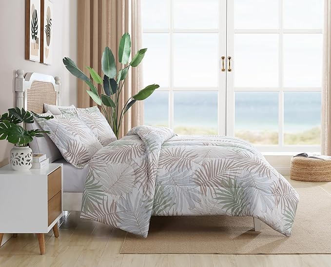 Caribbean Joe Full/Queen 3-Piece Comforter Set, Tropical Coastal Beach Design Bedding, Sunrise Palm
