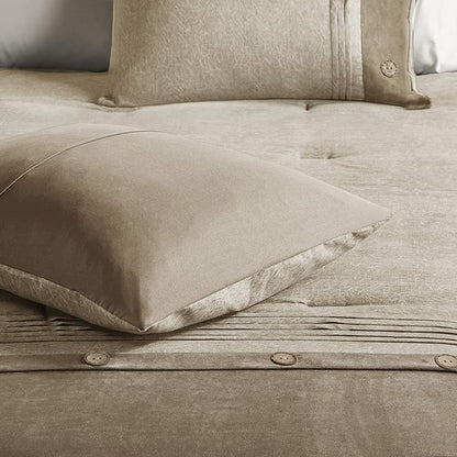 Madison Park Boone Cozy Comforter Set, Faux Suede, Deluxe Hotel Styling All Season Down Alternative Bedding Matching Shams, Decorative Pillow, Queen (90 in x 90 in), Rustic Tan 7 Piece