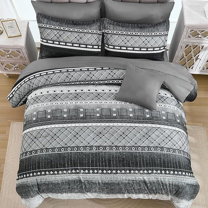 WONGS BEDDING 8 Piece Queen Size Comforter Set, Black Grey Striped Bed in a Bag Comforter and Sheet Set, Boho Lightweight Microfiber Bedding Set for All Season (90"×90")