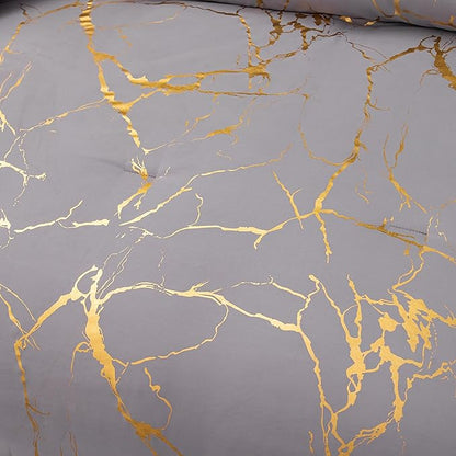 MWMWMW Gray Comforter, Grey and Gold Marble Bedding Set, 3 Pcs Luxury Comforter for Men & Women Bedroom, Queen Size with 2 Pillowcases