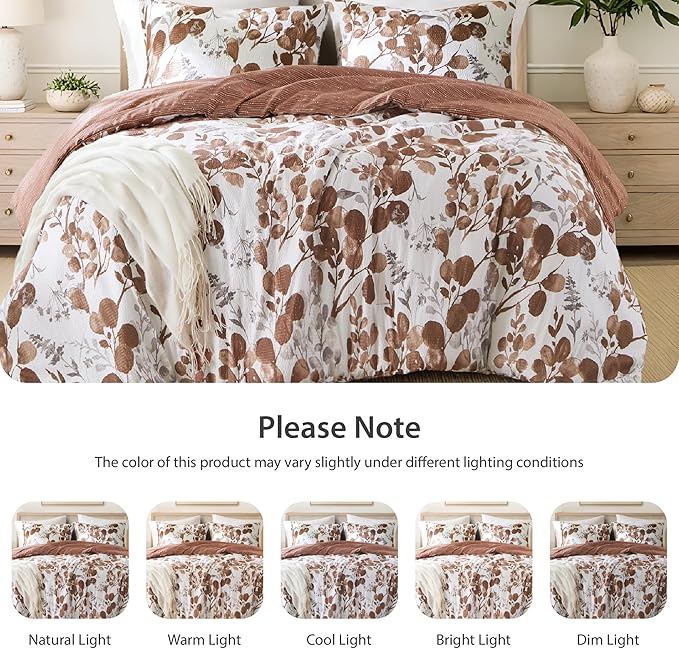 Bed Comforter Set Twin Size, 2 Pieces Lightweight Seersucker Botanical Reversible Design with Floral Print, Premium Microfiber Bedding Set, Comforter and Sham Set, Terracotta