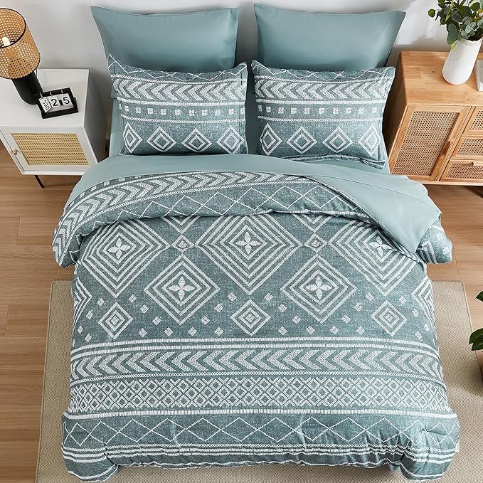 Yiran Boho Aztec Comforter Set King Size, Grayish Blue Comforter Bedding Set, 7 Piece Bed in a Bag, Soft Microfiber Bohemian Striped Complete Bedding Set with Sheets for All Season