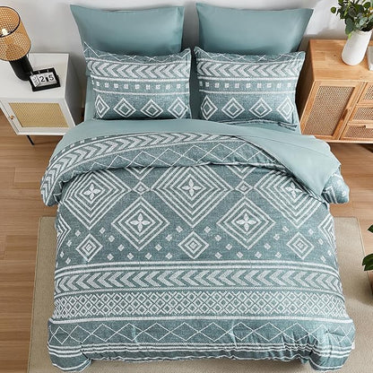 Yiran Boho Aztec Comforter Set King Size, Grayish Blue Comforter Bedding Set, 7 Piece Bed in a Bag, Soft Microfiber Bohemian Striped Complete Bedding Set with Sheets for All Season