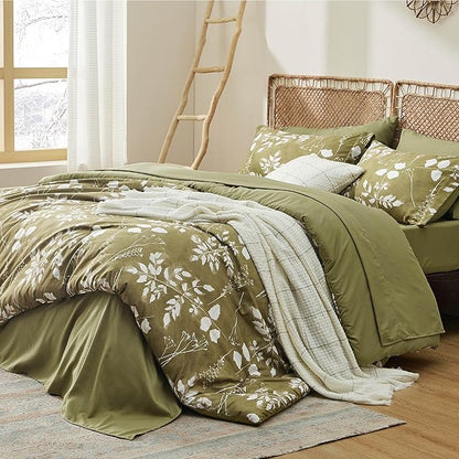 Bedsure Full Size Comforter Set - 7 Pieces Floral Olive Green Soft Bedding Sets, Full Bed in a Bag with Botanical Flowers Comforter, Sheets, Pillowcases & Shams