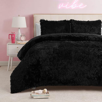 Juicy Couture Shaggy Faux Fur Black Twin/Twin XL Comforter Set - Soft and Cozy 2-Piece Machine Washable Bedding Comforter and Sham Set