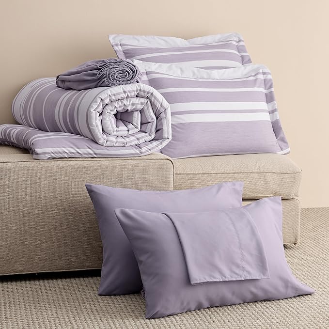 Bedsure Twin XL Comforter Set 5 Pieces, Purple Striped Bedding Set for All Seasons, Reversible, Cationic Dyeing Bed in a Bag with Comforter, Sheets, Pillowcase & Sham