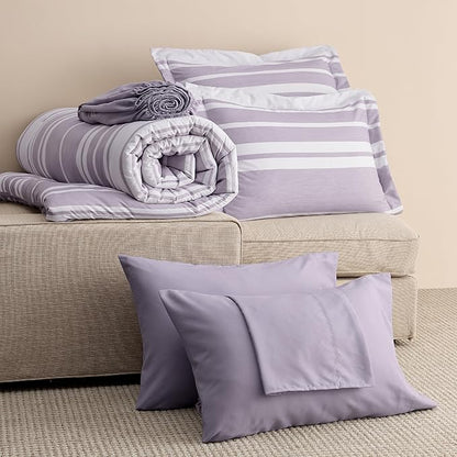 Bedsure Twin XL Comforter Set 5 Pieces, Purple Striped Bedding Set for All Seasons, Reversible, Cationic Dyeing Bed in a Bag with Comforter, Sheets, Pillowcase & Sham