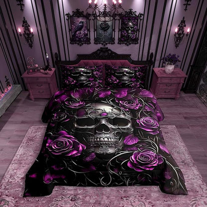 Erosebridal Adults Gothic Comforter Set Bohemian Boho Goth Bedding Set Twin Vintage Skull Bed Sets Violet Red Rose Baroque Victorian Romantic Rose Duvet Insert,Halloween Gothic Bedroom Decor