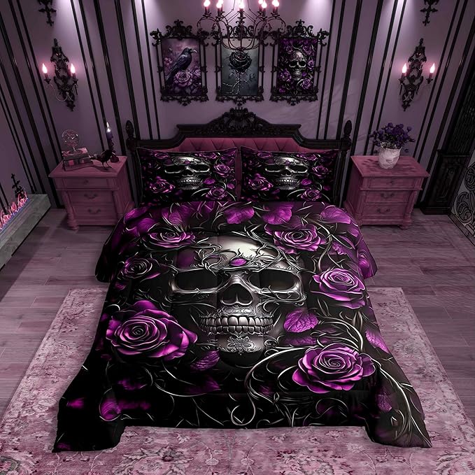 Erosebridal Adults Gothic Comforter Set Bohemian Boho Goth King Bedding Set Vintage Skull Bed Sets Violet Red Rose Baroque Victorian Romantic Rose Duvet Insert,Halloween Gothic Bedroom Decor