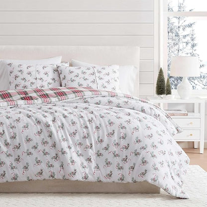 Martha Stewart - King Bedding Comforter Sets, Wonderfully Plush & Naturally Soft Cotton Flannel Bedding w/Matching Pillowcases, 3 Piece Bed Sets (Yuletide Spruce Plaid/Holiday Ribbons Red)