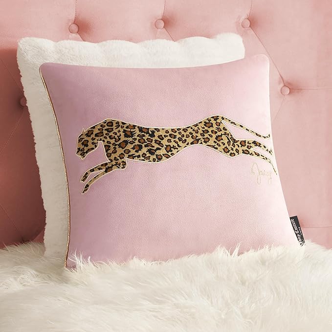 Juicy Couture Reversible Velvet Cheetah Pillow, 18" x 18" Decorative Pillow, Blush Pink