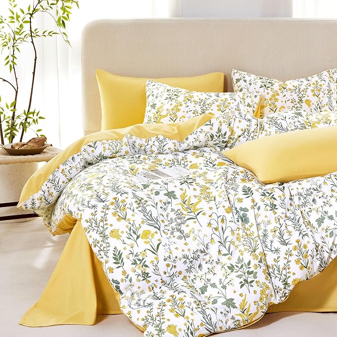 Wake In Cloud - Floral Comforter Set, Shabby Chic Cottage Garden Botanical Flower Style with Elegant Wildflower Pattern, Soft Lightweight Bedding, 3 Pieces, Yellow White, Twin/Twin XL Size