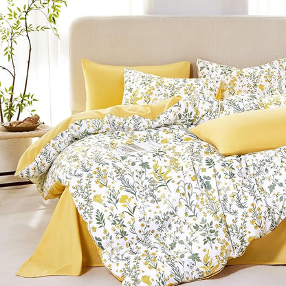 Wake In Cloud - Floral Comforter Set, Shabby Chic Cottage Garden Botanical Flower Style with Elegant Wildflower Pattern, Soft Lightweight Bedding, 3 Pieces, Yellow White, Twin/Twin XL Size