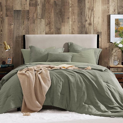 Geniospin Queen Comforter Set - 7 Pieces Comforter Queen Size, Solid Bedding Set for All Season, Textured Bed in a Bag with Sheets, Pillowcases and Shams (Sage Green, 90''x90'')