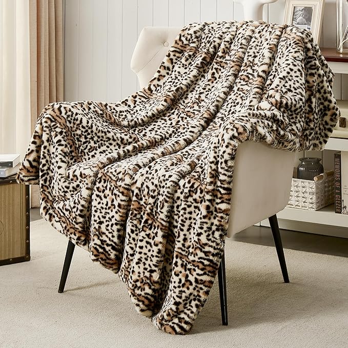 JONIYEAR Cozy Fluffy Brown Cheetah Faux Rabbit Fur Throw Blanket 50" x 60", Decorative Thick Fuzzy Leopard Lap Blankets for Women, Soft Plush Animal Print Warrm Shaggy Furry Blanket for Winter, Beige