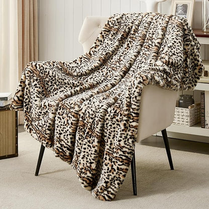 JONIYEAR Cozy Fluffy Brown Cheetah Faux Rabbit Fur Throw Blanket 50" x 60", Decorative Thick Fuzzy Leopard Lap Blankets for Women, Soft Plush Animal Print Warrm Shaggy Furry Blanket for Winter, Beige